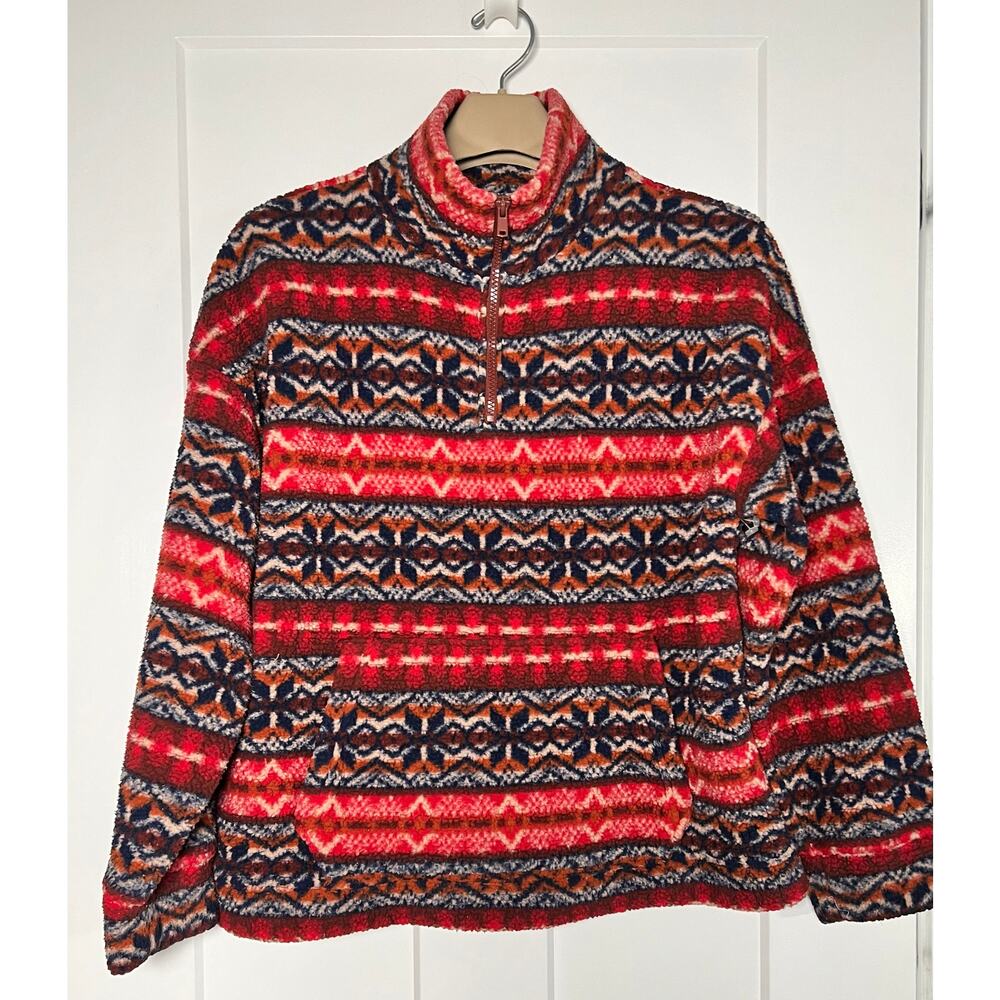 American Eagle Sherpa Quarter Zip Pullover Size MEDIUM Red Blue Orange Womens
